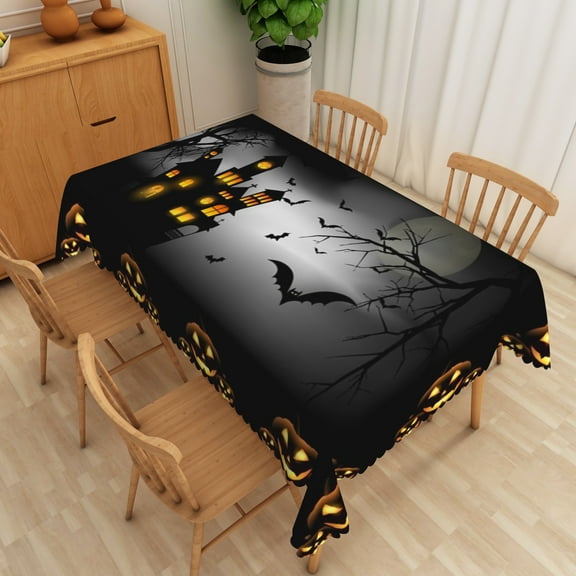 Nanqianyi Halloween Waterproof Tablecloth 54" x 72",Black Castle Pumpkin Lantern Decor for Kitchen Table, Dinner Party