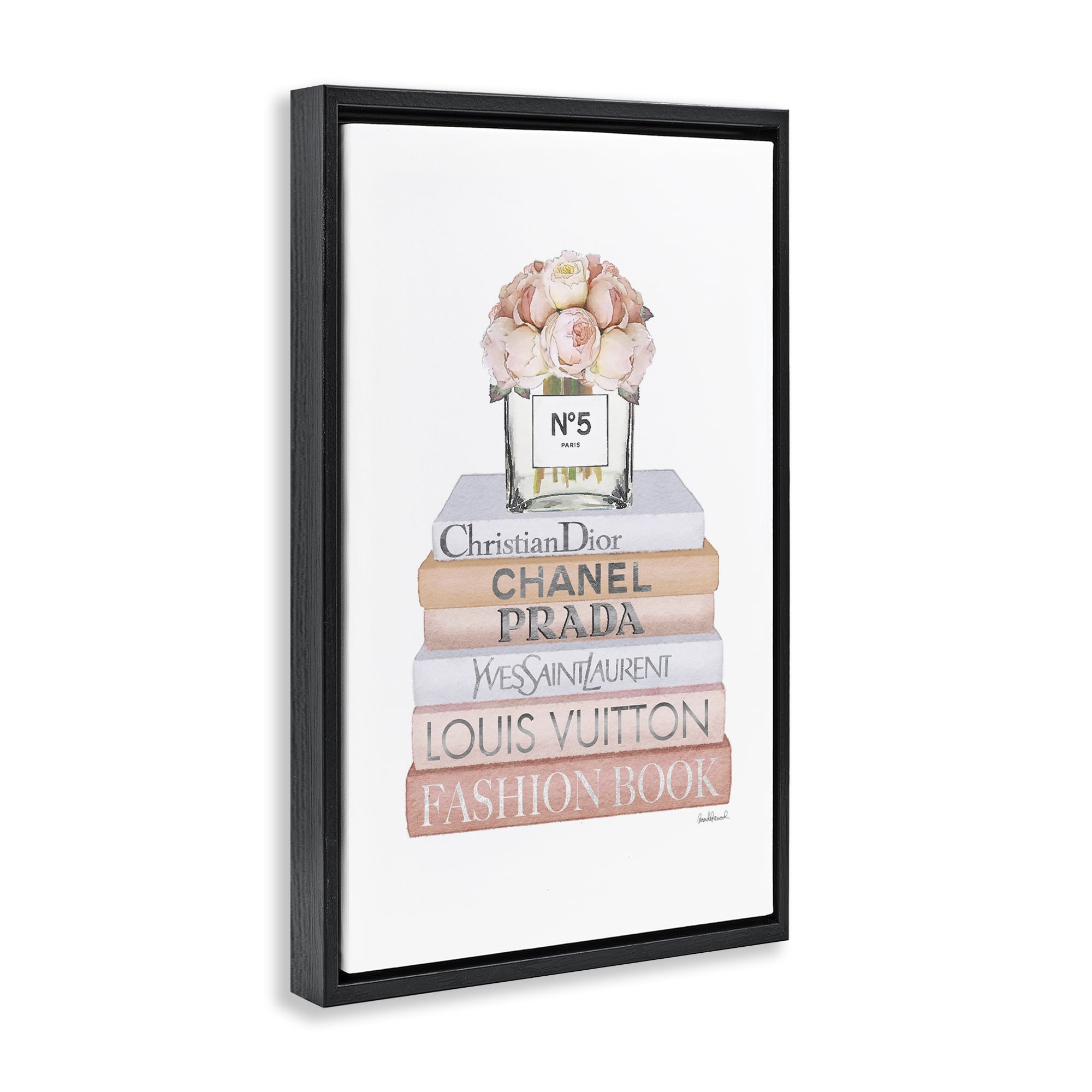 Stupell Industries Glam Bookstack & Flowers Botanical & Floral Painting Black Floater Framed Art Print Wall Art, 21 x 31