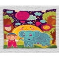 thumbnail image 1 of Elephant Tapestry, Cartoon Boy in the Forest with Smiling Sun and Flower Animal with Ethnic Motifs, Wall Hanging for Bedroom Living Room Dorm Decor, 80W X 60L Inches, Multicolor, by Ambesonne, 1 of 2