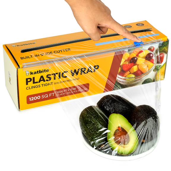 Katbite Plastic Food Wrap Roll, 12 in x 1200 ft (1200 sq ft), Clear, Slide Cutter Included