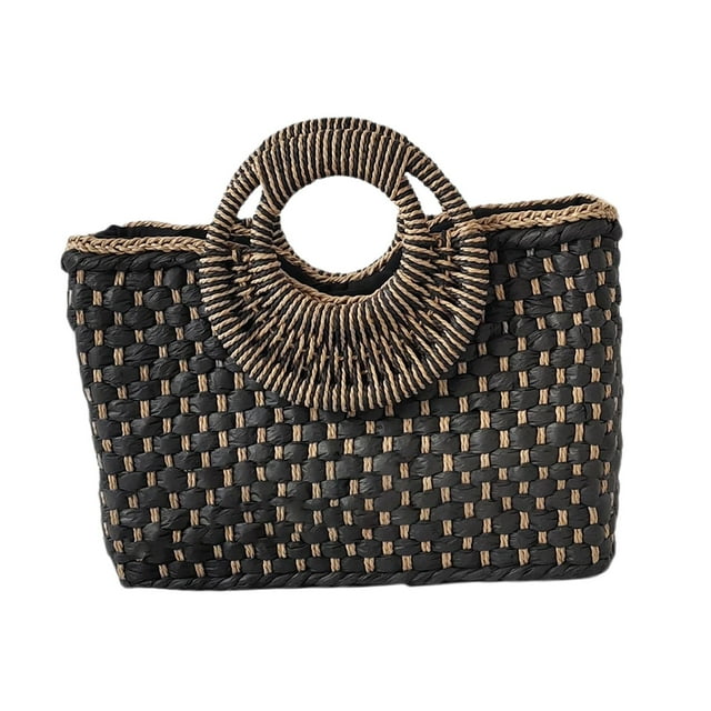Bolso tejido de moda para mujer, estilo bohemio, informal, de paja, para hombro Negro