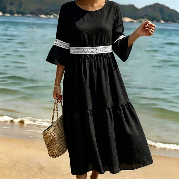 QUNYINEY Casual Dresses Women Faux Cotton Linen Black Long 3/4 Sleeve A Line Dress Lace Crew Neck Flowy Loose Fit Dresses