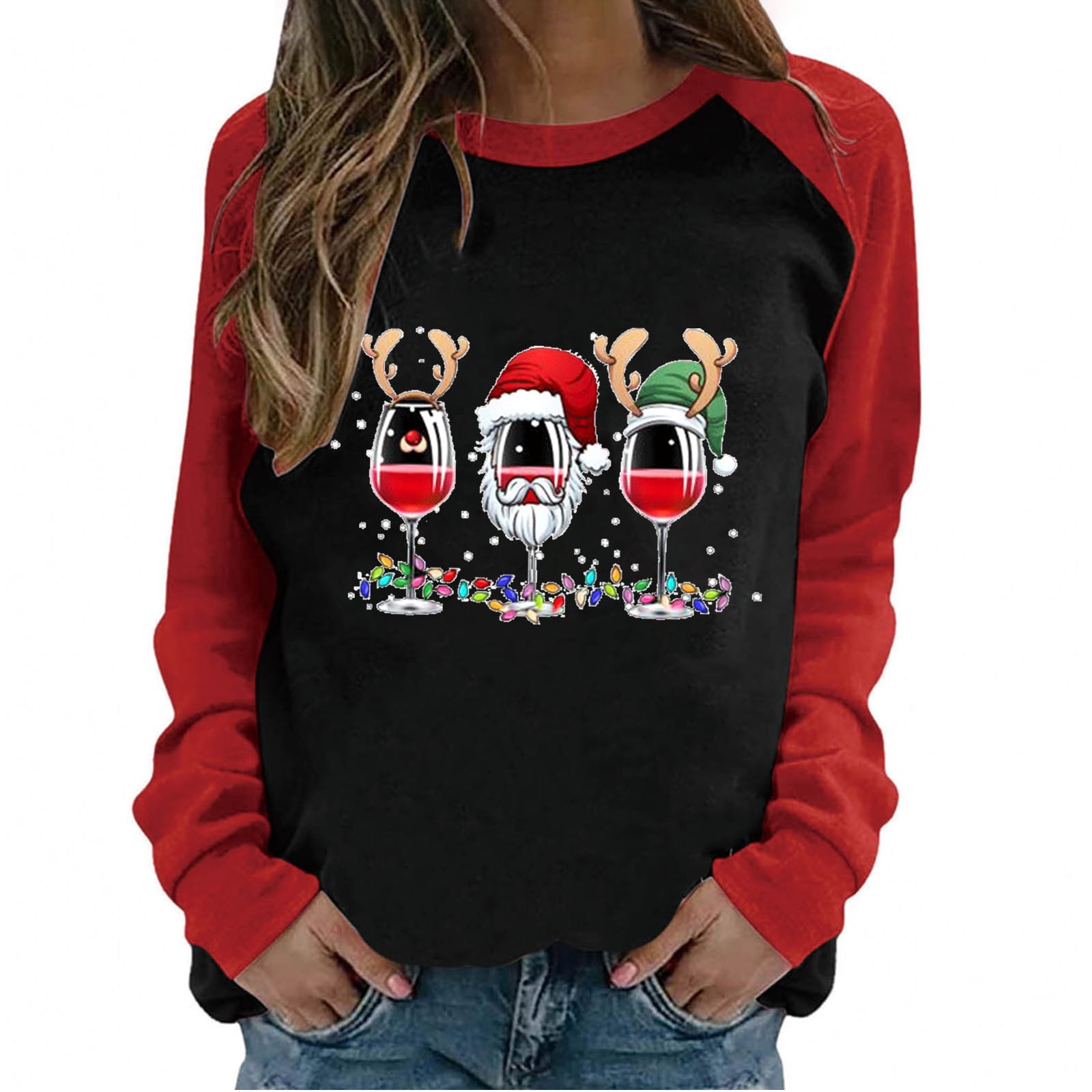 Womens Christmas Jumper Long Sleeve Patchwork Pullover Loose Casual