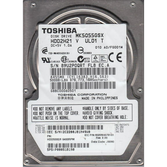 MK5055GSX, A0/FG001M, HDD2H21 V UL01 T, Toshiba 500GB SATA 2.5 Hard Drive