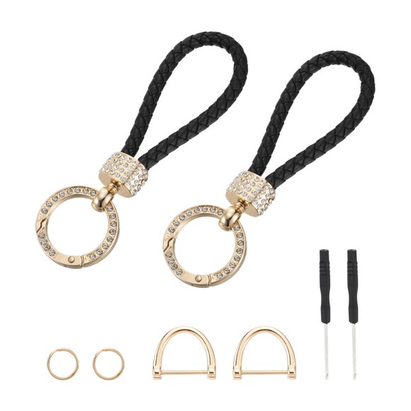 Porte-clés Tressé avec Anneau en Corde Tressée, Porte-Clés en Cuir avec Anneau en D Rotatif et Tournevis Noir/or 2