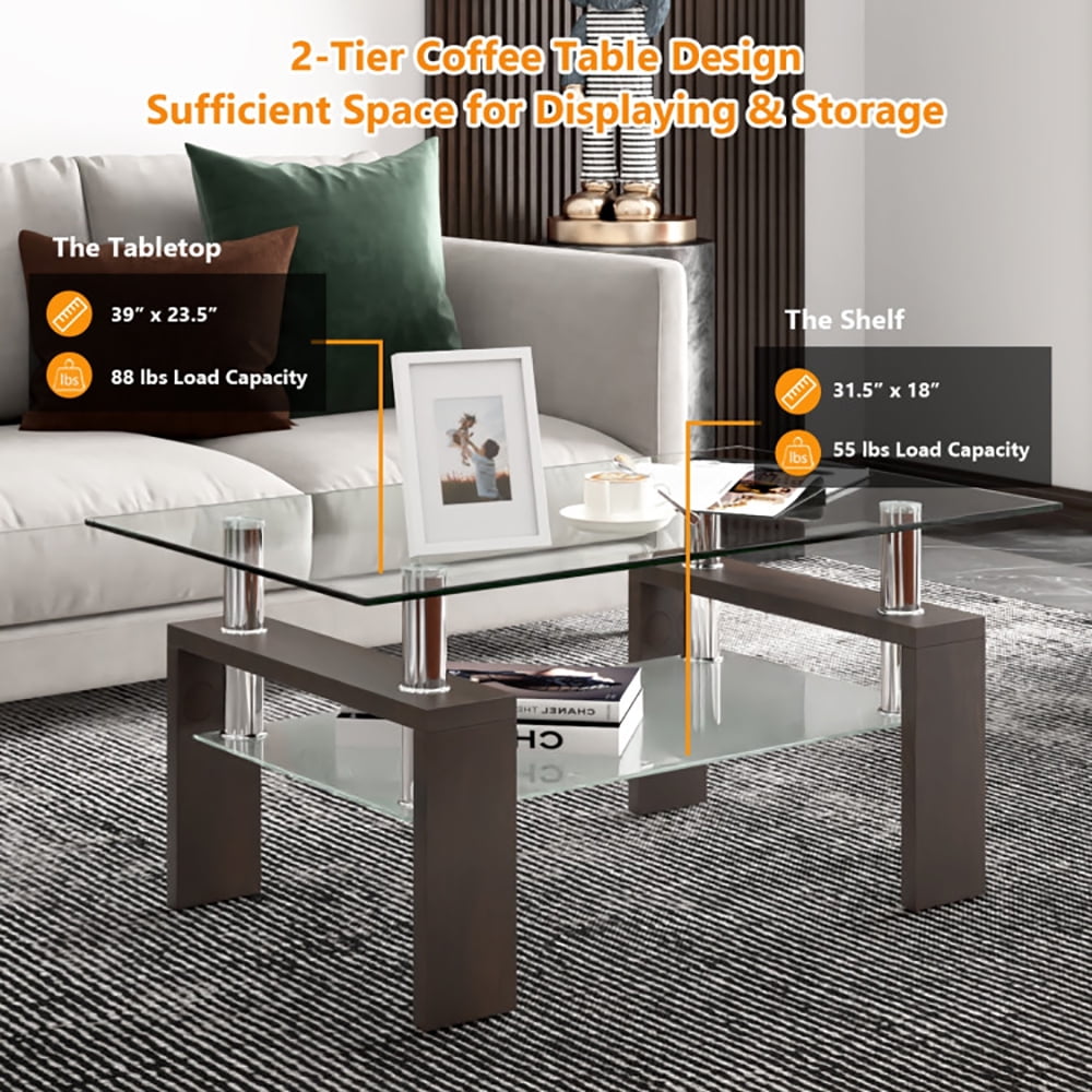 Finihen Glass Coffee Table, Rectangular Coffee Table, Rectangular Tempered Glass Coffee Table with Shelf, for Living Room, Reception Room, Brown Finihen Glass Coffee Table, Rectangular Coffee Table, Rectangular Tempered Glass Coffee Table with Shelf, for Living Room, Reception Room, Brown