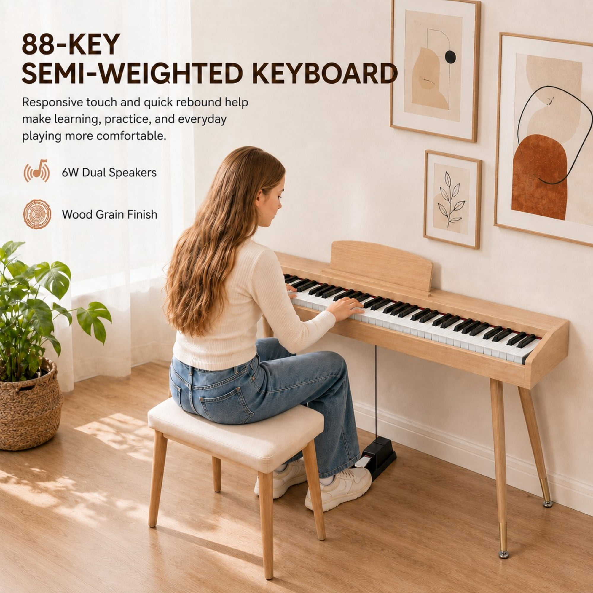 DEALTOPS 88 Key Digital Piano Keyboard with Wooden Stand, Semi-Weighted Electric Piano Set, Oak Wood Grain