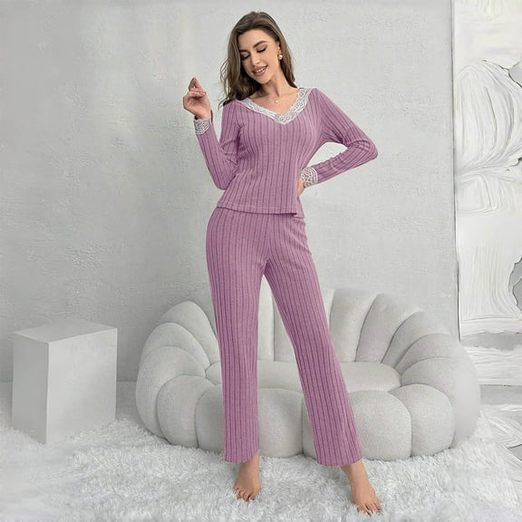 Women's V-Neck Ribbed Pajama Set with Long Sleeve Top and Elastic Waist Straight Leg Pants