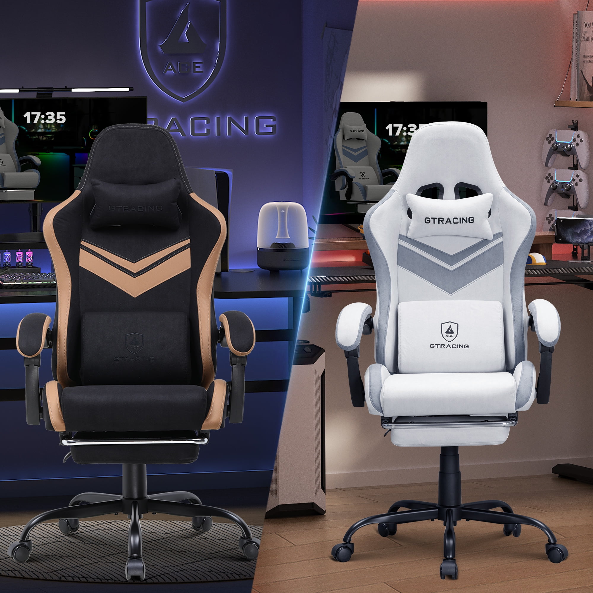 GTRACING GTW-300 Ergonomic Adjustable Height Reclining Fabric Gaming Chair , White/Gray