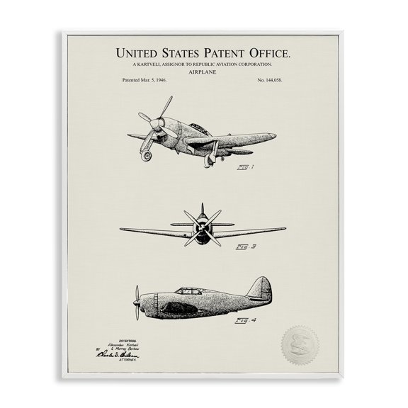 Stupell Industries Mid-Century US Patent Airplane Diagram White Framed Giclee Art, 11 x 14, by Karl Hronek