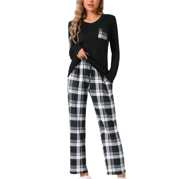 DARING DIVA Women's Soft Long Sleeve Plaid Pajama Set with Pockets XS Black