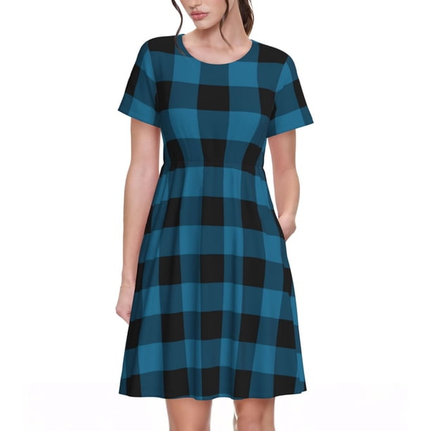 Disketp Blue Black Plaid para Vestido de Manga Corta para Mujeres, Vestidos de Verano para Mujeres, Casual y Holgado para la Playa