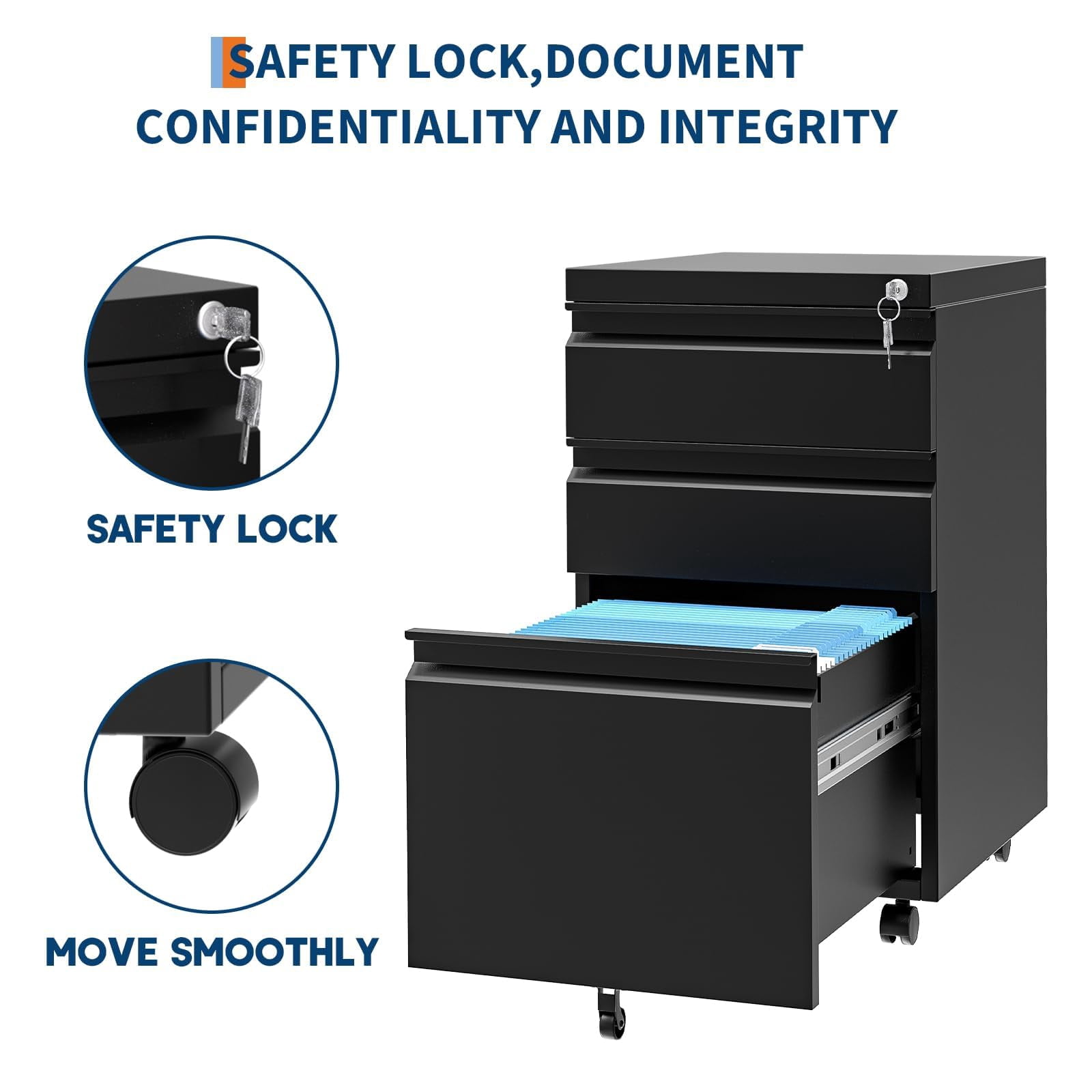 3-Drawer Mobile File Cabinet with Lock, Metal Filing Cabinet on Wheels, Fits Letter/Legal/A4 Files, Space-Saving Under Desk Office Storage Organizer for Home Office, Easy Assembly, Black