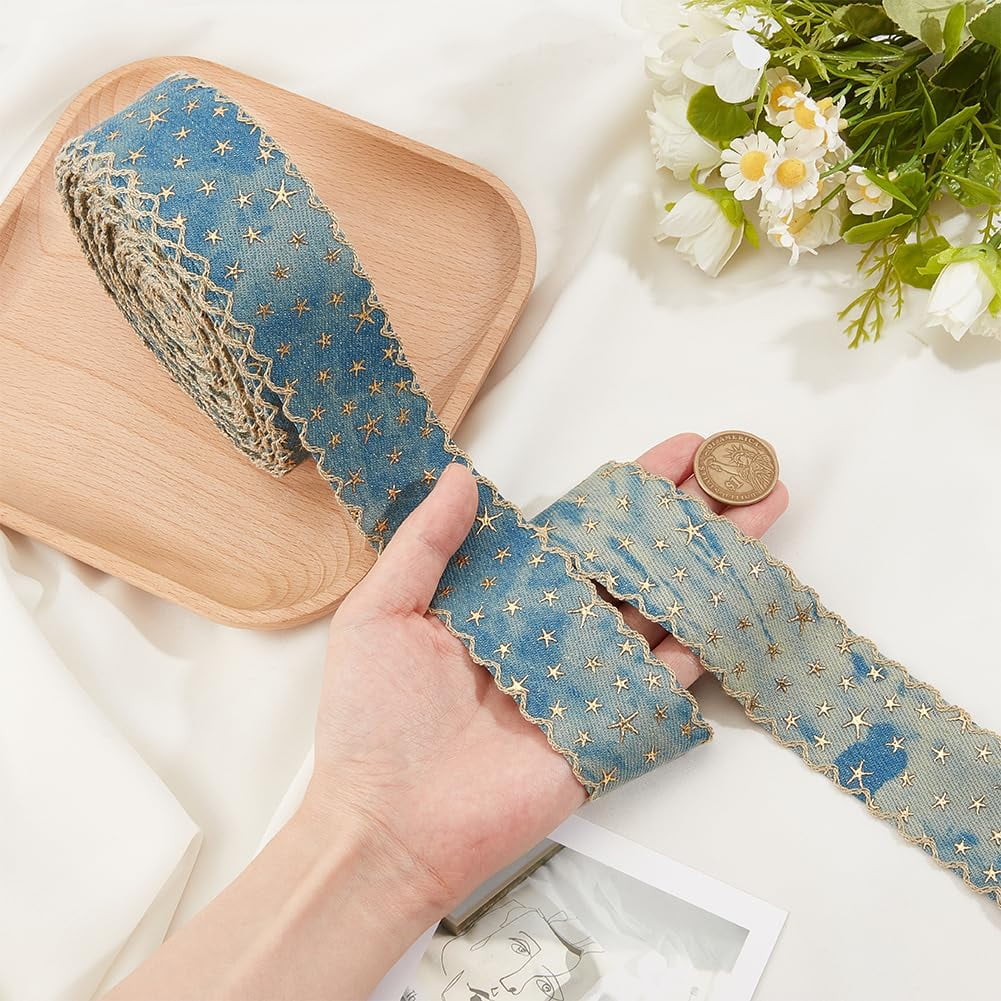 14 Yards Marine Blue Denim Trim Fabric Blue Jean Wired Edge Ribbon Gold Foil Star Denim Ribbon
