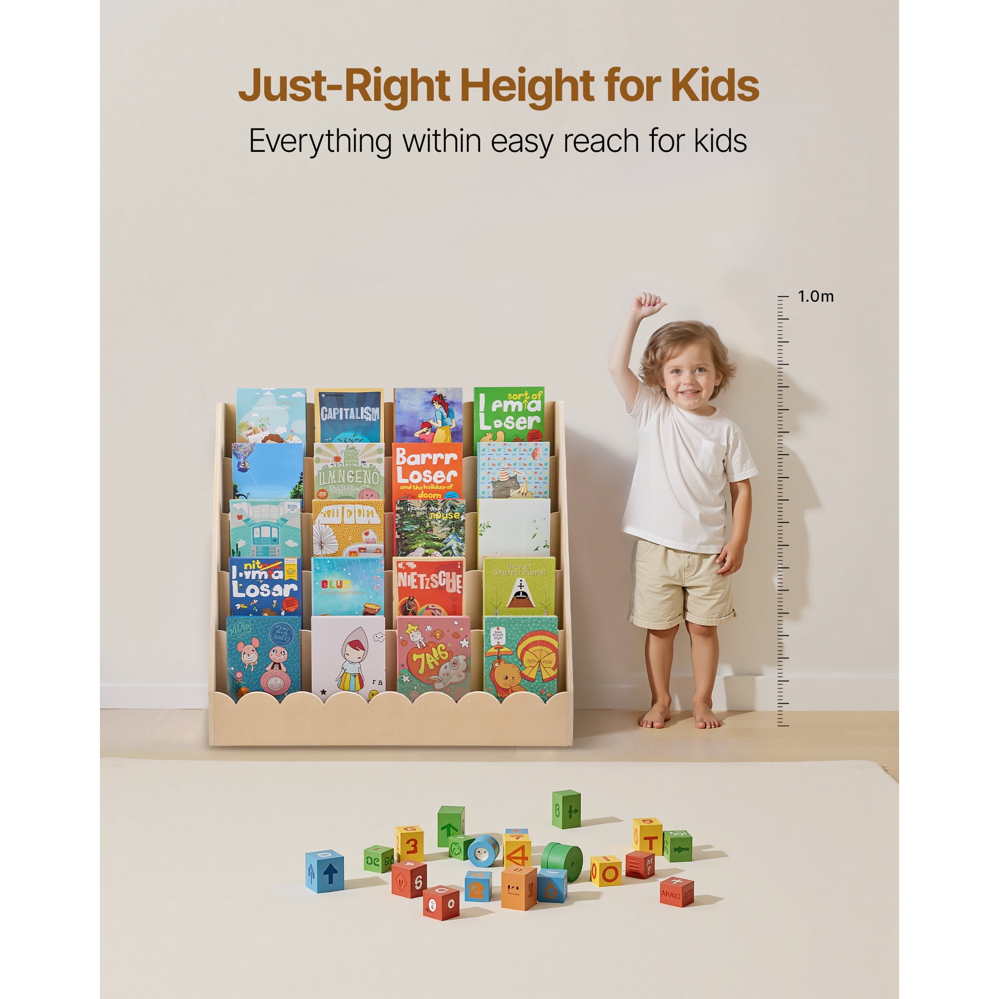 KFFKFF 5-Tier Kids Bookshelf, Wooden Toddler Bookcase with Scalloped Design, Ideal for Kids' Rooms, Living Rooms, Entryways, Nurseries