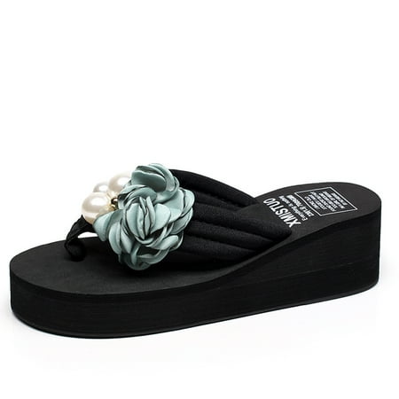 Womens Floral Flip Flop With Pearl 2.1 Inch Summer Platform Sandals Girls Heels Thong Shoes Arch Support Comfortable Soft Cushion Floral Wedges Floral Green 36