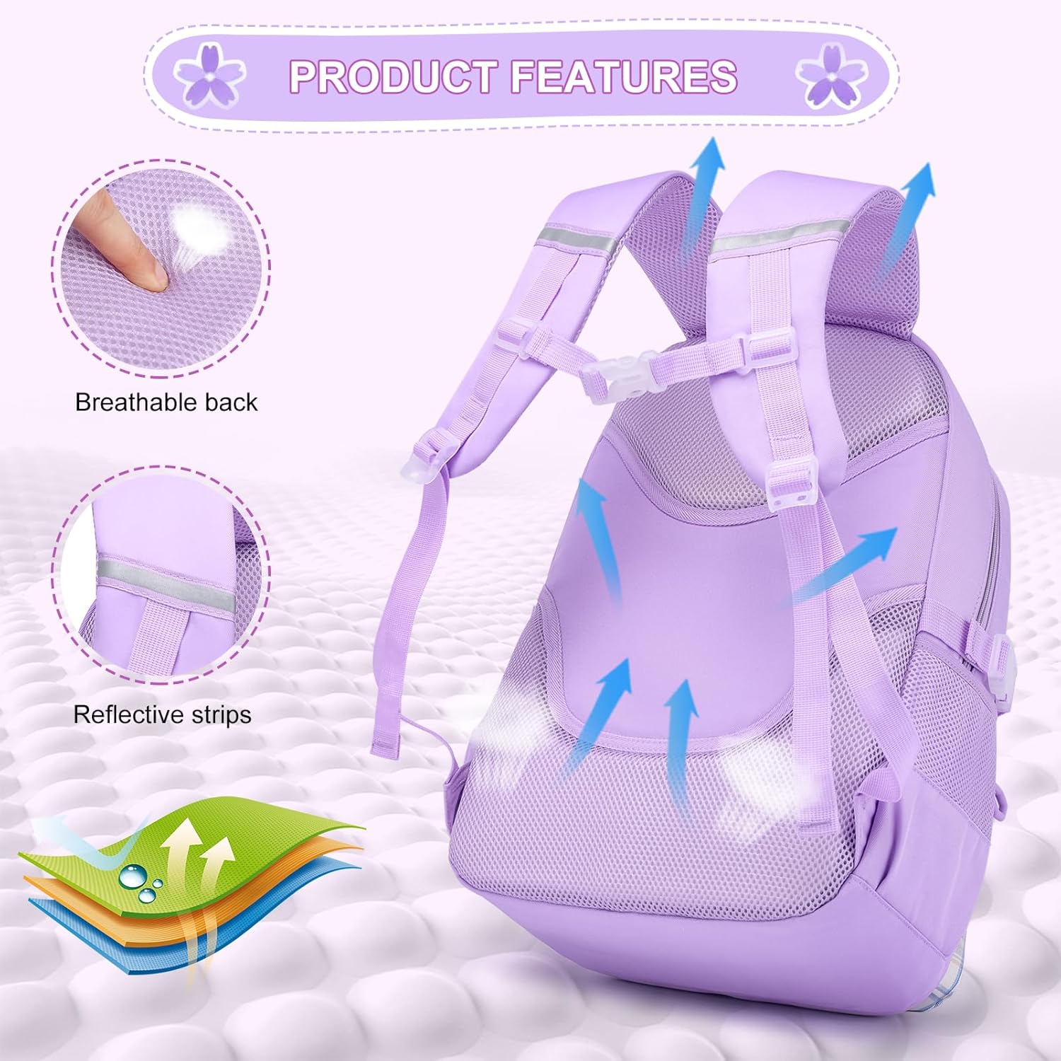 Mochila escolar para adolescentes, gran capacidad, moderna, ligera, impermeable, para primaria y secundaria, regalo, morada 7