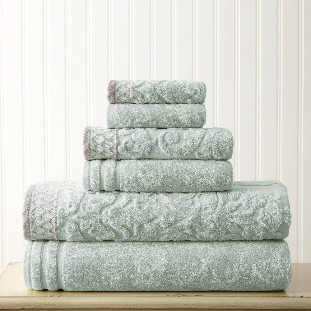 Mix Jacquard Border 6 Piece Bath Towel Set, Light Blue