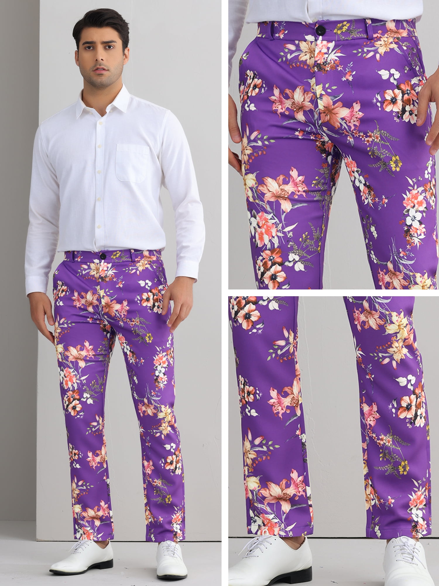 DARING DIVA Men's Floral Printed Contrasting Colors Flat Front Pants 32 Purple