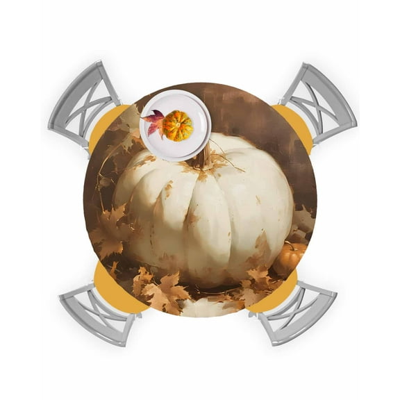Round Fitted Tablecloths Fall Thanksgiving White Pumpkin Waterproof Table Cover for Kitchen Dining Party Decor Autumn Leaves Oil Painting,36"-44"