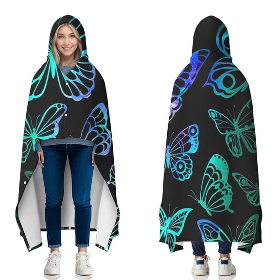 Wearable Blanket,Blue Green Butterfly Pattern Hooded Wearable Flannel Blanket for Adults & Teens with Buckle,Winter Poncho Shawl Wrap Cape,50"x60"