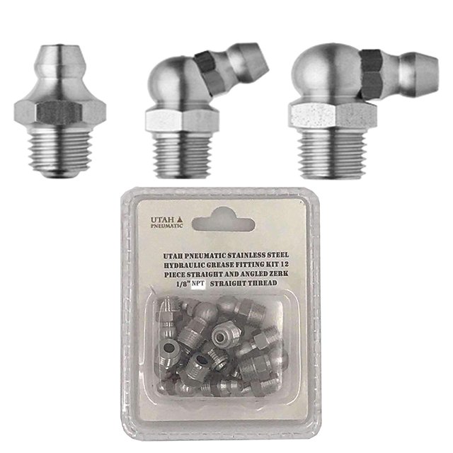 Utah Tire Kit de accesorios de grasa de acero inoxidable SAE de 1/4 pulgadas, 4 piezas rectas, 4 piezas de 90 grados, 4 piezas de 45 grados en ángulo, accesorios de grasa hidráulica, surtido de nippel