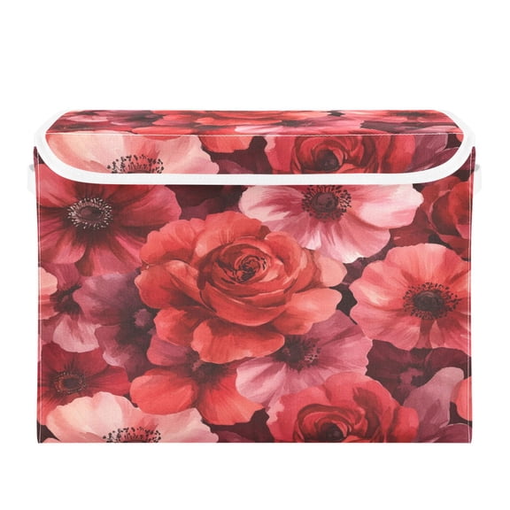 Storage Box With Lid 16.5x12.6x11.8In Foldable Stacked Household Storage Box Vibrant Red Flowers