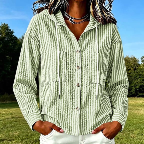 Women's Long Sleeve Top Baeitkot Fashion Women's Button Long Sleeve Casual Blouse Ladies Loose Sun Protection Top Hooded Tops Green L