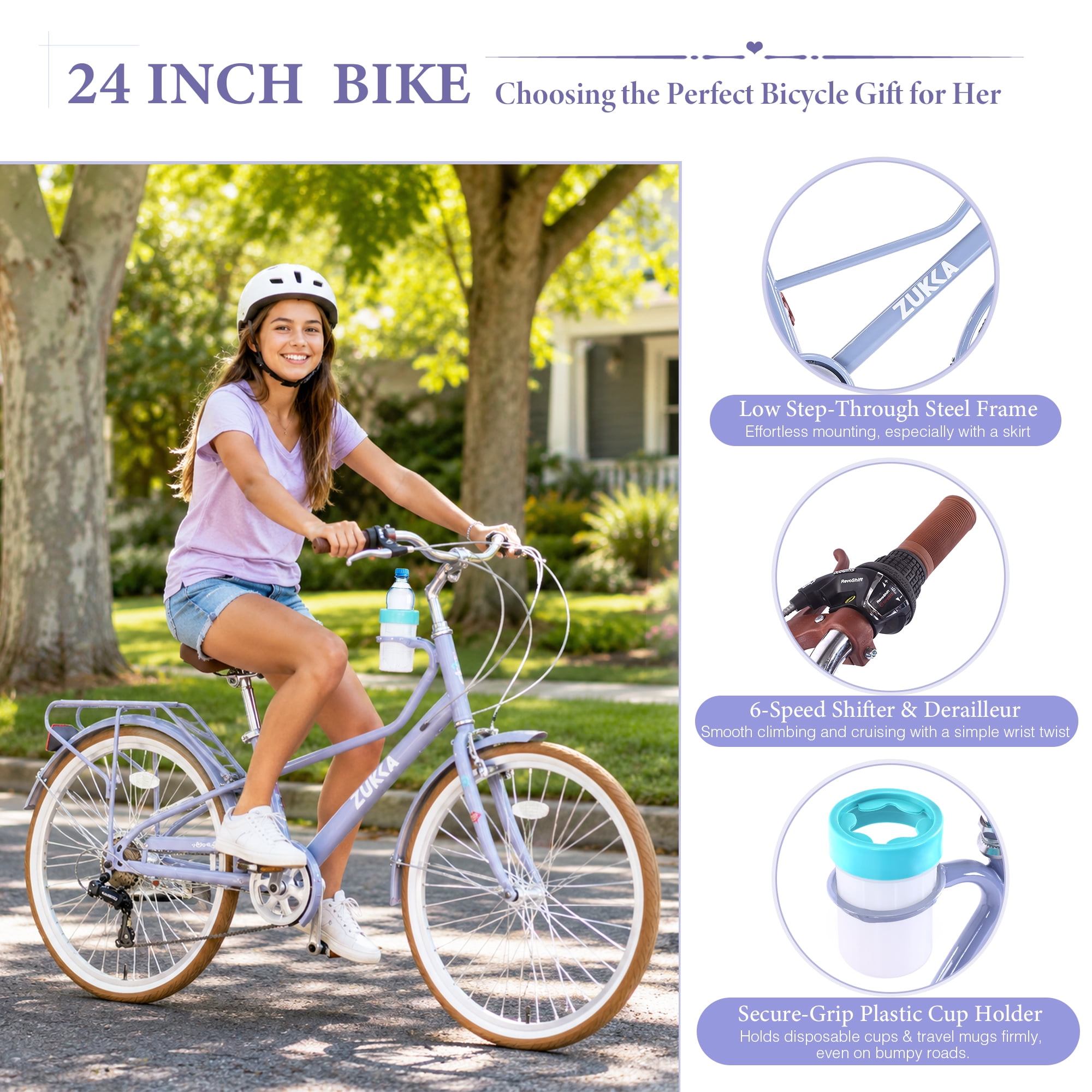 24 Inch Women's Cruiser Bike, 6 Speed Step-Through Commuter Bicycle with Rear Rack & Cup Holder, Adult City Bike