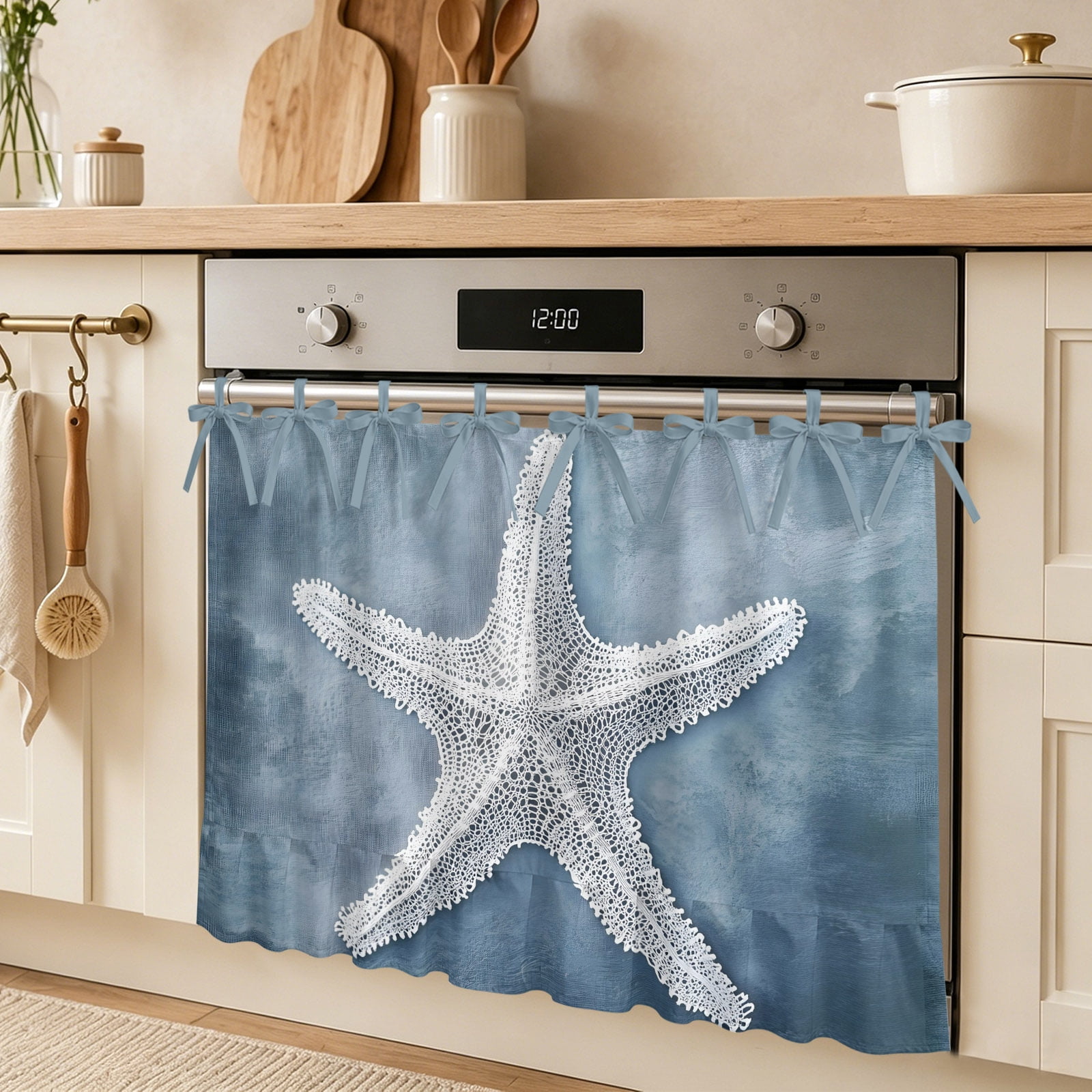 White Starfish Oven Skirt Curtain Summer Ocean Marine Life Dark Blue Tie Top Tier Curtains Stove Dishwasher Skirt Small Window Drapes for Kitchen Bathroom Cafe 32 x24