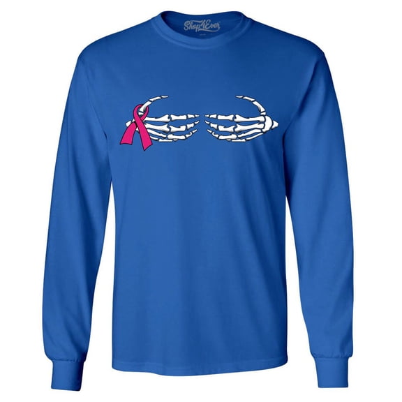 Shop4Ever Men's Skeleton Hands Breast Cancer Awareness Long Sleeve Shirt Medium Royal Blue