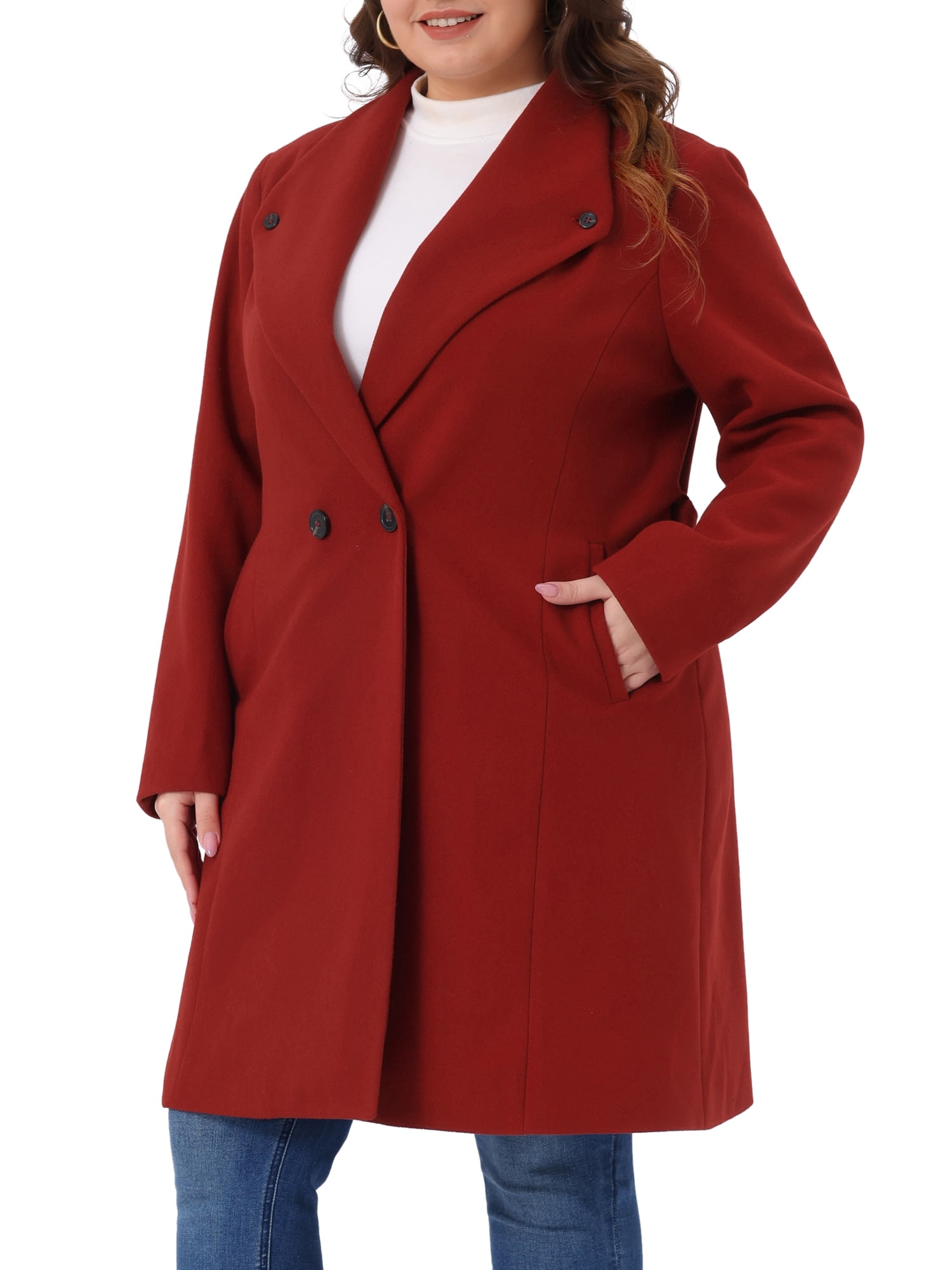 DARING DIVA Women's Plus Size Notched Lapel Coat with Belted Design 1X Dark Red