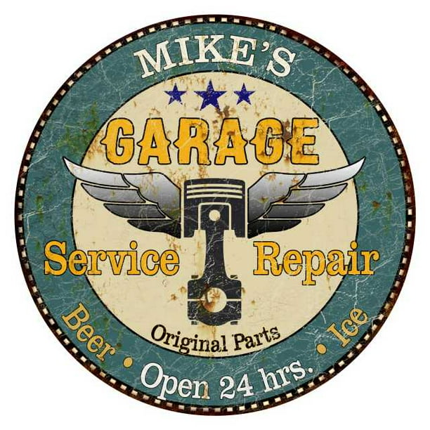 MIKE'S Garage 12" Round Metal Sign Man Cave Home Wall Décor