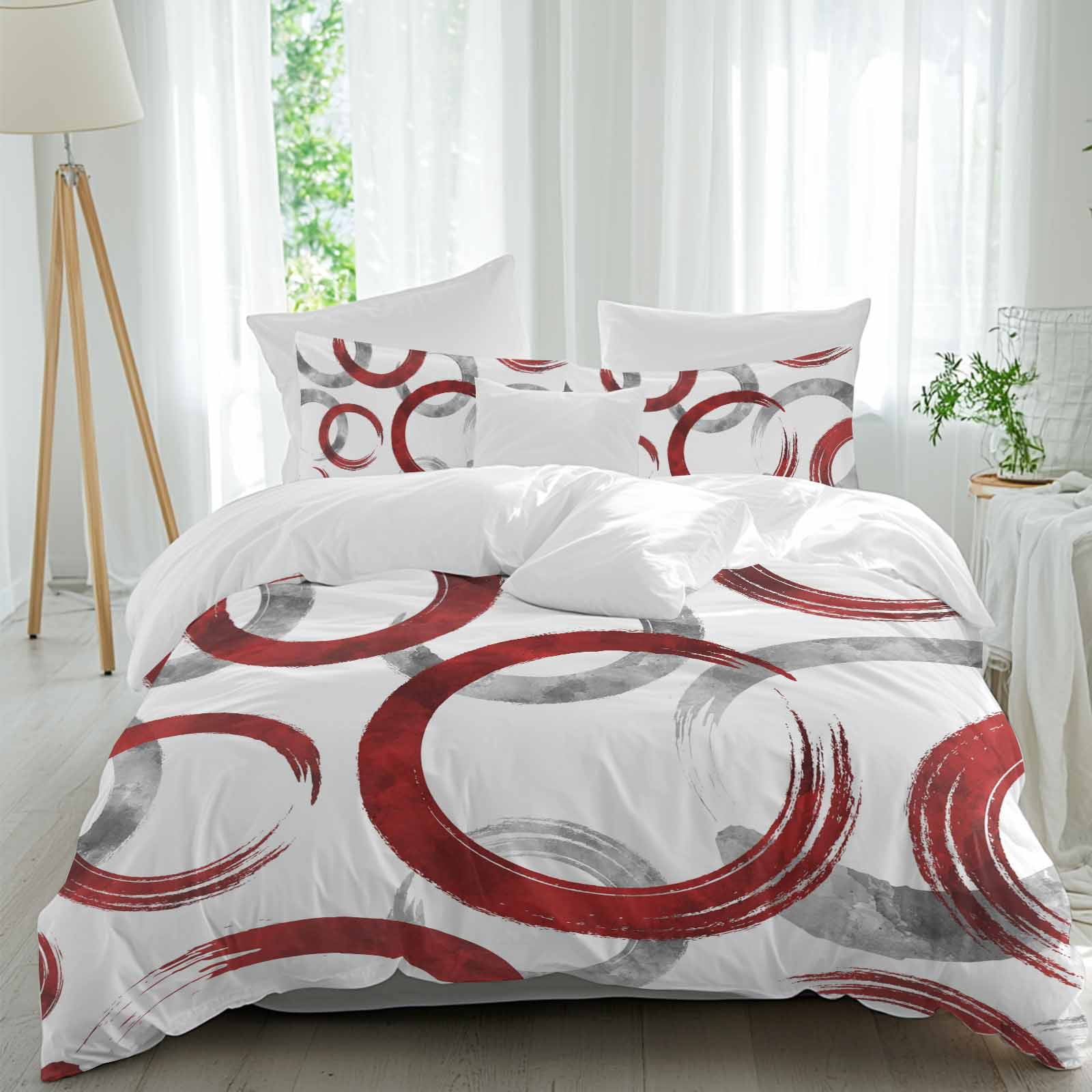 Red Grey Bedding 3 Piece Duvet Cover Set Queen Size, Geometric Circle Modern Abstract Simple Art Soft Microfiber Comforter Cover with Zipper Closure & Pillowcases, Wrinkle & FadeResistant Quilt Cover