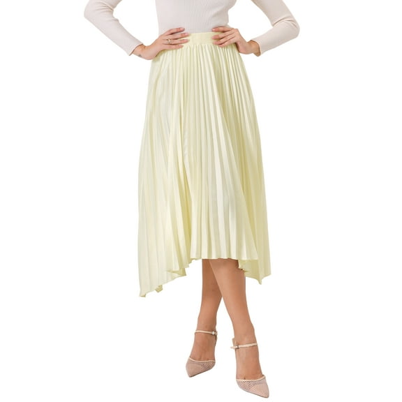 INSPIRE CHIC Women's Pleated Skirt Elastic Waist Asymmetrical Hem Satin Midi Flare Skirts S Light Beige