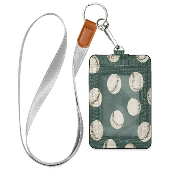 PU Leather ID Badge Holder Stylish Badge Holders with Lanyard (4.3x2.8x0.3in) for Cards & Credentials Green Baseball Pattern