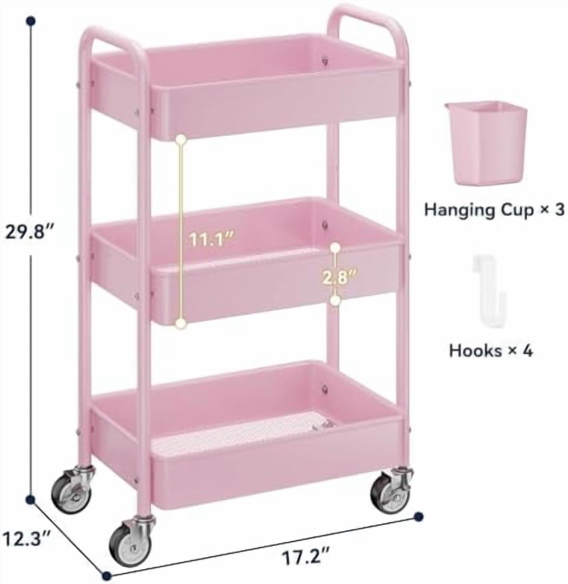 3-Tier Metal Rolling Cart, Heavy Duty Utility Cart with Lockable Wheels, Hanging Cups, Hooks, Mesh Rolling Storage Cart Craft Organizer, Lightweight and Sturdy, Pink