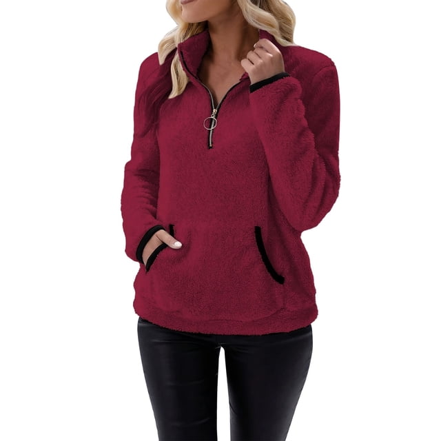 Women Winter Color Pullover Zipper Wool Loose Tops with Pockets