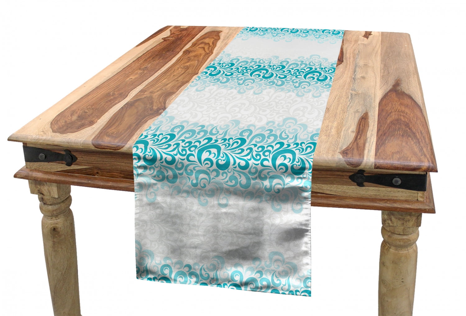 Turquoise Table Runner, Abstract Floral Flowers Pattern Classic Design