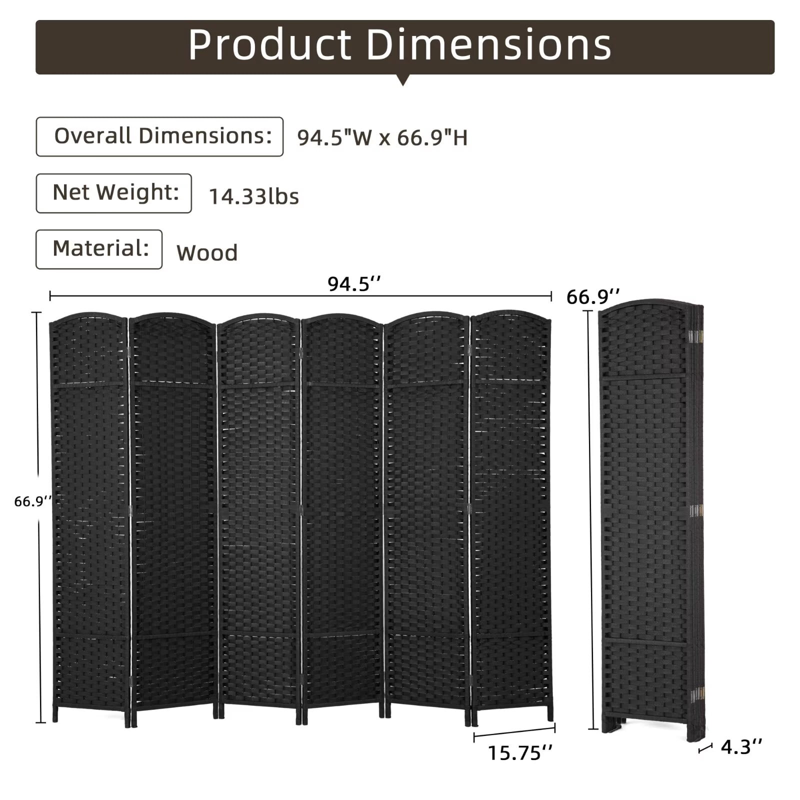 YRLLENSDAN 6 Panels Folding Portable Room Dividers, Free Standing Indoor and Outdoor Privacy Screens for Patio, 66.9 Inches Tall Chinese Wall Divider for Room Separation, Black