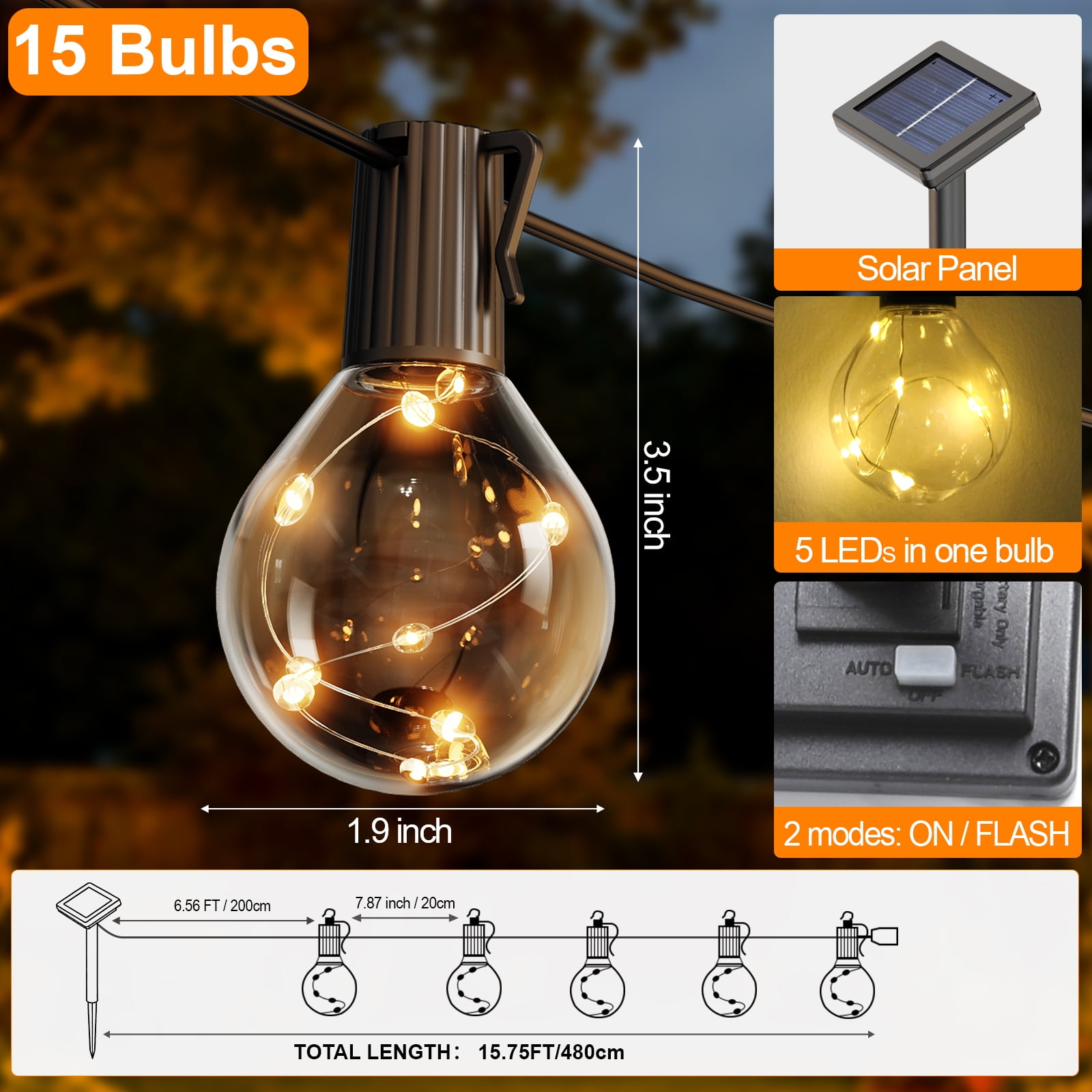 [2 Pack] Solar String Lights Outdoor, 15 Bulbs Globe Fairy Lights with Warm White LEDs, Waterproof Patio Garden Yard Decor Lighting for Fence, Porch, Deck, and Party