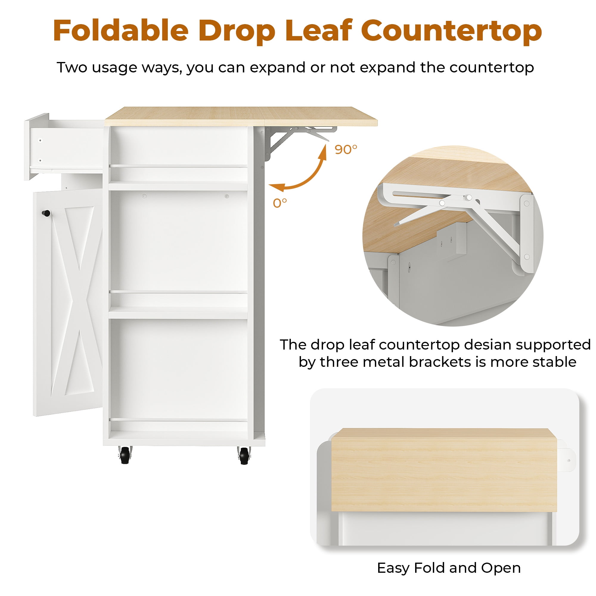 IRONCK Rolling Kitchen Islands Cart on Wheels with wine rack, folding tabletop, 1 drawer, 2 cabinets, 3 open shelves, and towel rack，White
