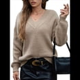 thumbnail image 3 of Suéter de Larga con Cuello en V para Mujer, Suéter Holgado de Punto Grueso de Gran Tamaño. Caqui M, 3 of 10