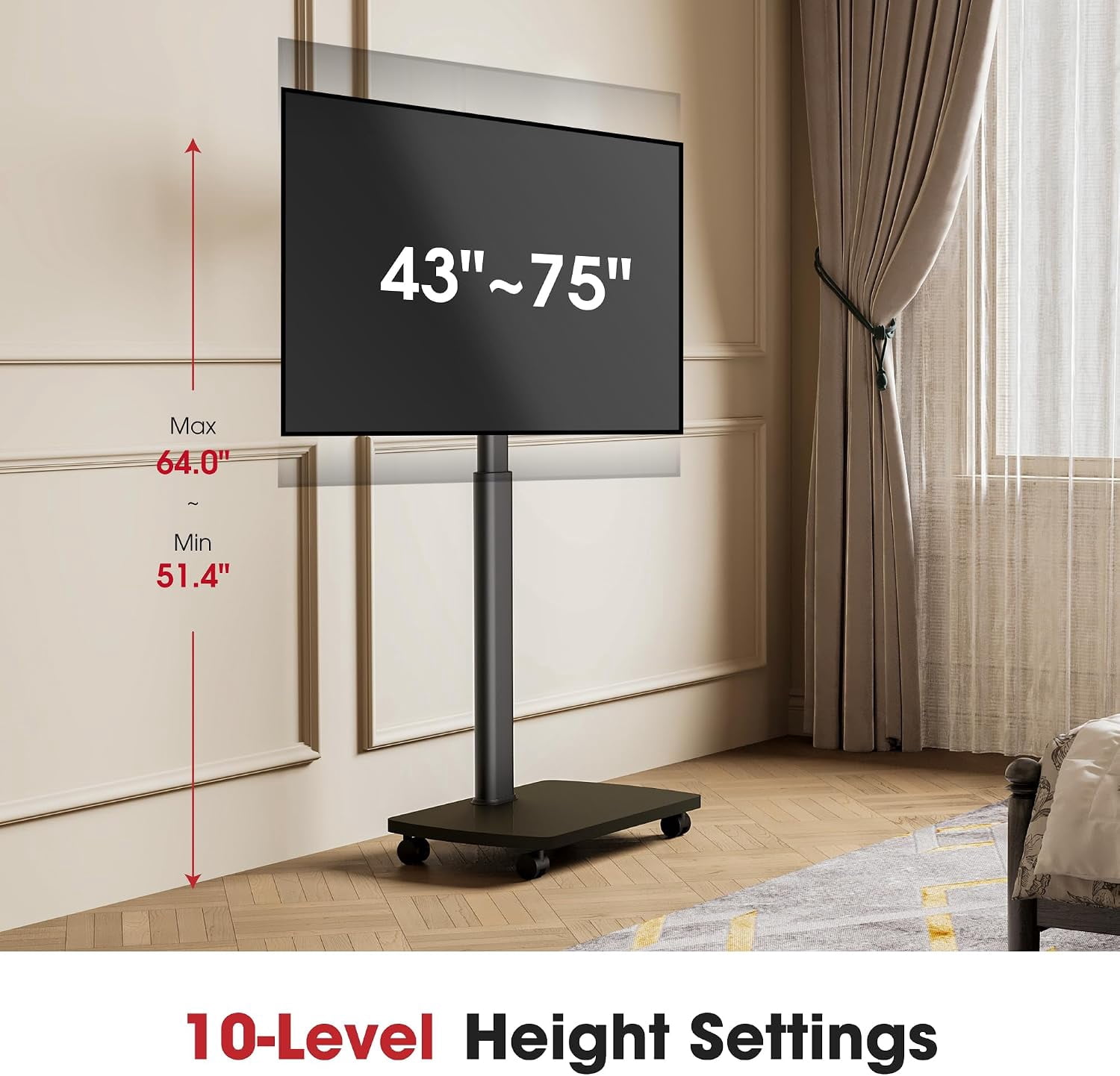 AOKCOS Rolling TV Stand for 43–75 Inch TVs, Black, Swivel & Tilt, Height Adjustable