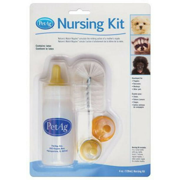 Pet Ag Nursing Kit 4 oz Puppy Racoon Bottle Nipple Cleaning Brush Orphaned