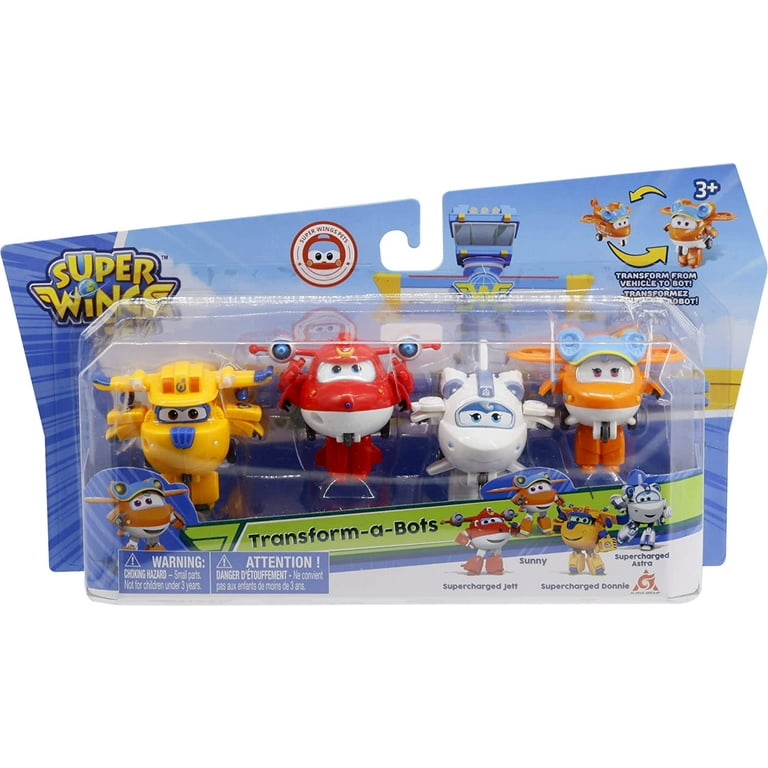 Super Wings - 2 Transform-a-Bots 4-Pack Supercharged Jett, Donnie, Astra, Sunny Airplane Toys Vehicle Mini Figures