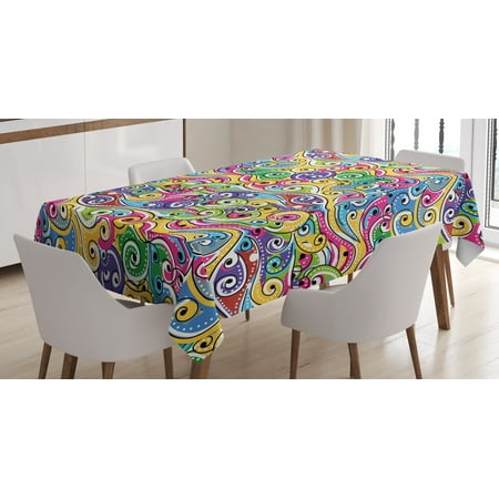 End Table Cloth Cover Wave Tablecloth, Funky Colored Curves with Spiraling Ends Doodle Style Lively Summertime Inspired Art, Rectangular Table Cover for Dining Room Kitchen, 52 X 70 Inches, Multicolor, by Ambesonne ()