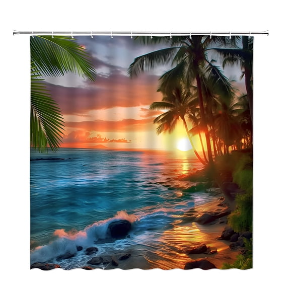 AUQ Ocean Sunset Shower Curtain Tropical Palm Tree Sea Waves Sunset Sunrise Blue Orange Hawaii Nature Scenery Landscape Fabric Bathroom Decor Curtain with Plastic hooks