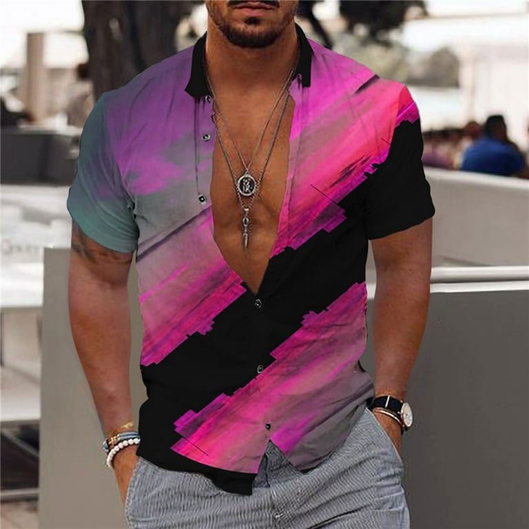SMihono Clearance 2024 Turndown collar Tees Tops Shirt for Adult Men  Fashion Casual Buttons Hawaii Printing Turndown Short Sleeve Shirt Blouse  Hot Pink 10 