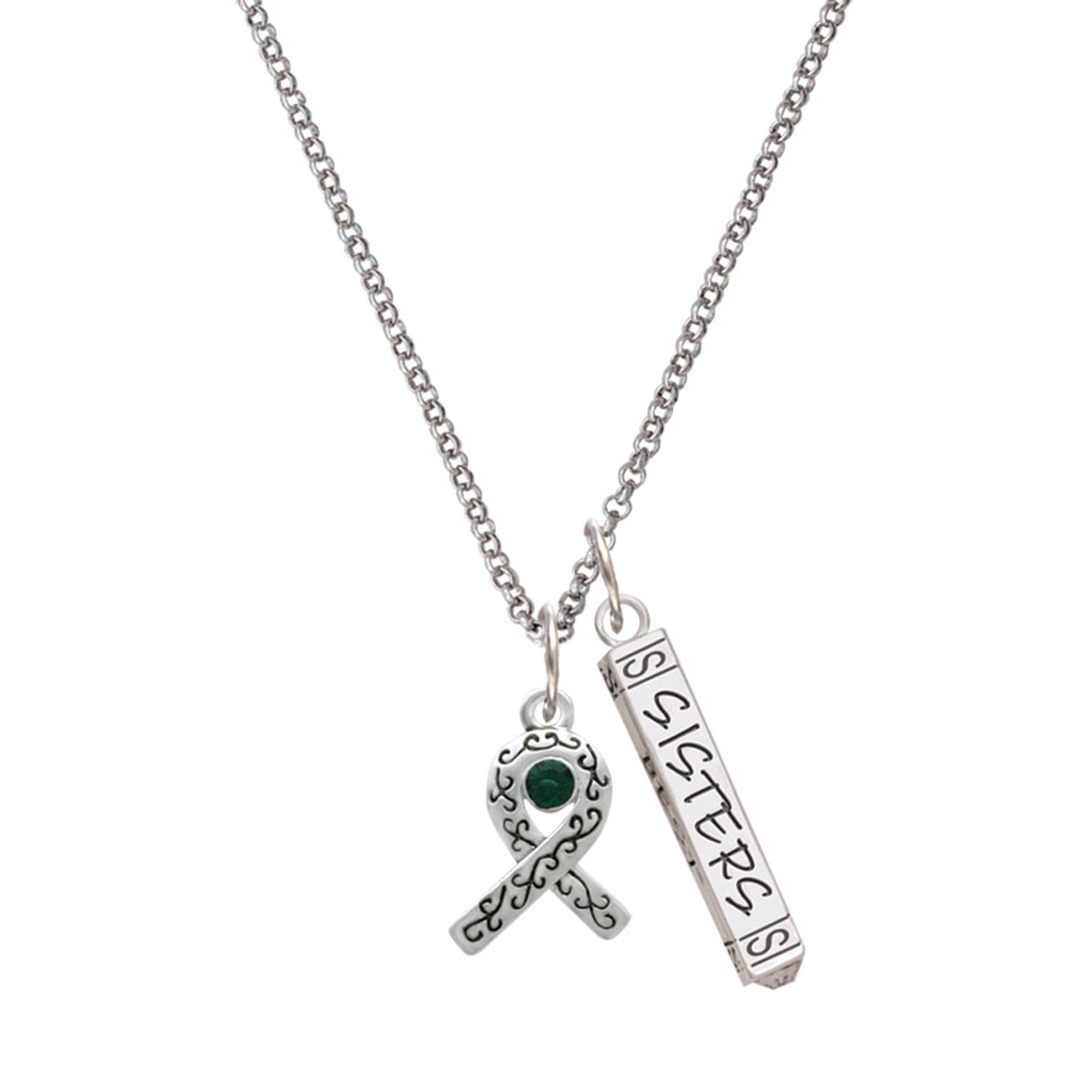 Delight Jewelry Silvertone Scroll Ribbon with Green Crystal Silvertone Sisters Best Friends Forever Bar Charm Necklace 23